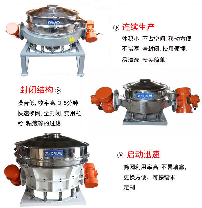 直徑1000mm直排篩特點(diǎn)：連續(xù)生產(chǎn)：體積小，不占空間，移動(dòng)方便，不堵塞，全封閉，使用便捷，易清洗，安裝簡(jiǎn)單。封閉結(jié)構(gòu)：噪音低，效率高，3-5分鐘，快速換網(wǎng)，全封閉，實(shí)用粒，粉粘液等的過濾。啟動(dòng)迅速：篩網(wǎng)利用率高，不易堵塞，更換方便，可按需求定制。