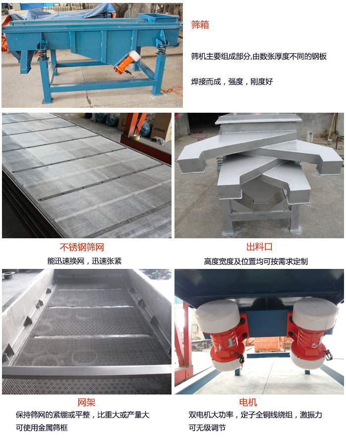520型直線振動篩結構：篩箱：篩機主要組成部分，由數張厚度不同的鋼板焊制而成，強度，剛度好。不銹鋼篩網：能迅速換網，迅速張緊。電機：雙電機大功率，定子全銅線繞組，激振力可無極調節。網架：保持篩網的緊繃和平整，比重大或產量大時可使用金屬篩框。出料口：高度寬度及位置均可按照用戶的要求來定制。